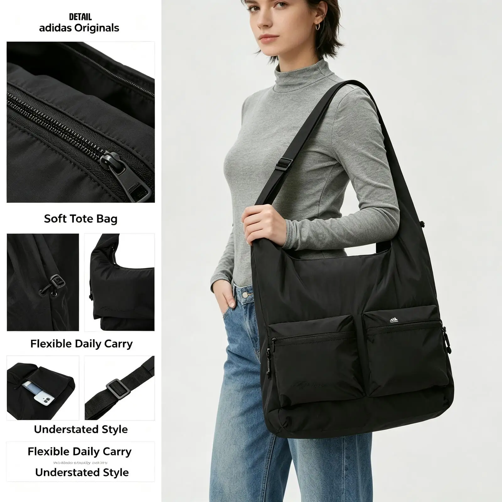 Adidas Originals Black Tote Bag Soft Large Capacity Classic Logo Shoulder Handbag Zipper Closure Work Travel Daily Shopping Bag