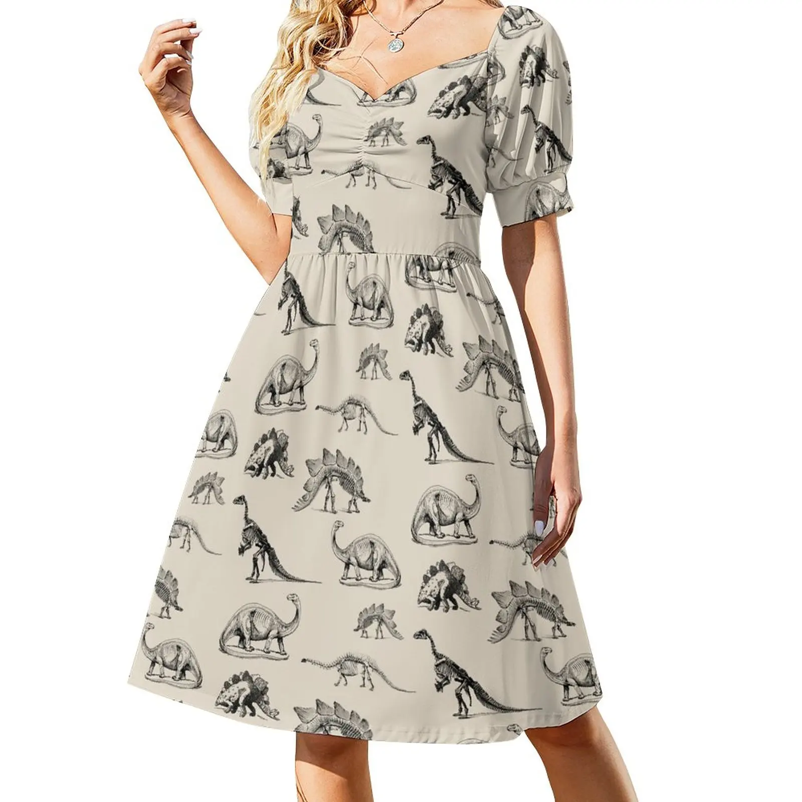 

Vintage Museum Dinosaur Skeleton Illustrations, Black & Cream Dinos Sleeveless Dress Beachwear luxury woman party dress