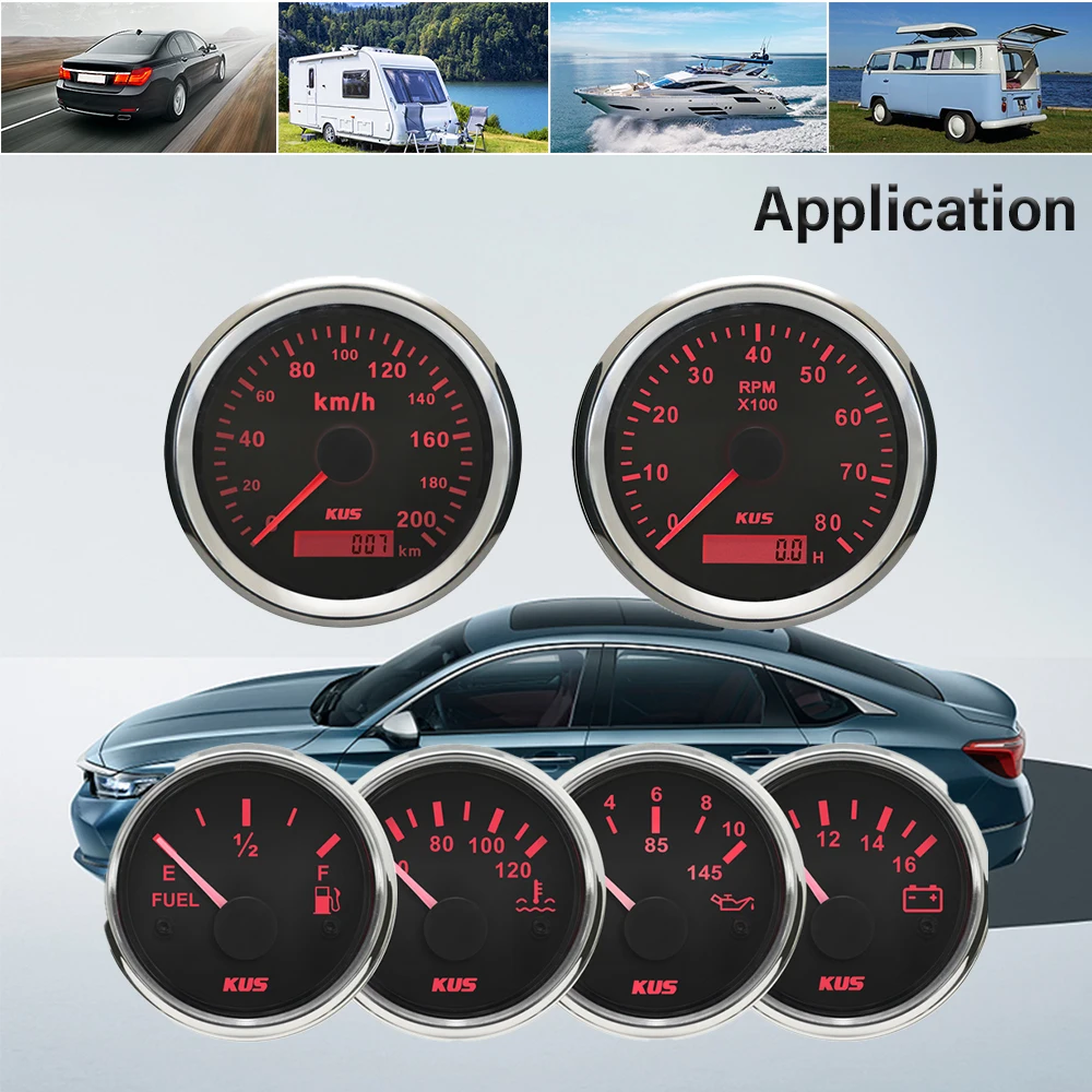 KUS 6 Gauge Set 0-200KM/H GPS Speedometer with Tachometer with Fuel Level Water Temp Oil Pressure 12V for Car Trucks Limousine
