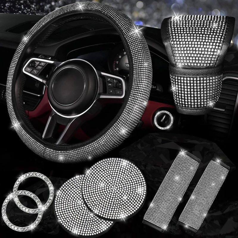 8 pcs Bling Car Accessories Set for Women, Bling Rhinestone Diamond Steering Wheel Cover, Universal Sparkly Seat Belt Covers
