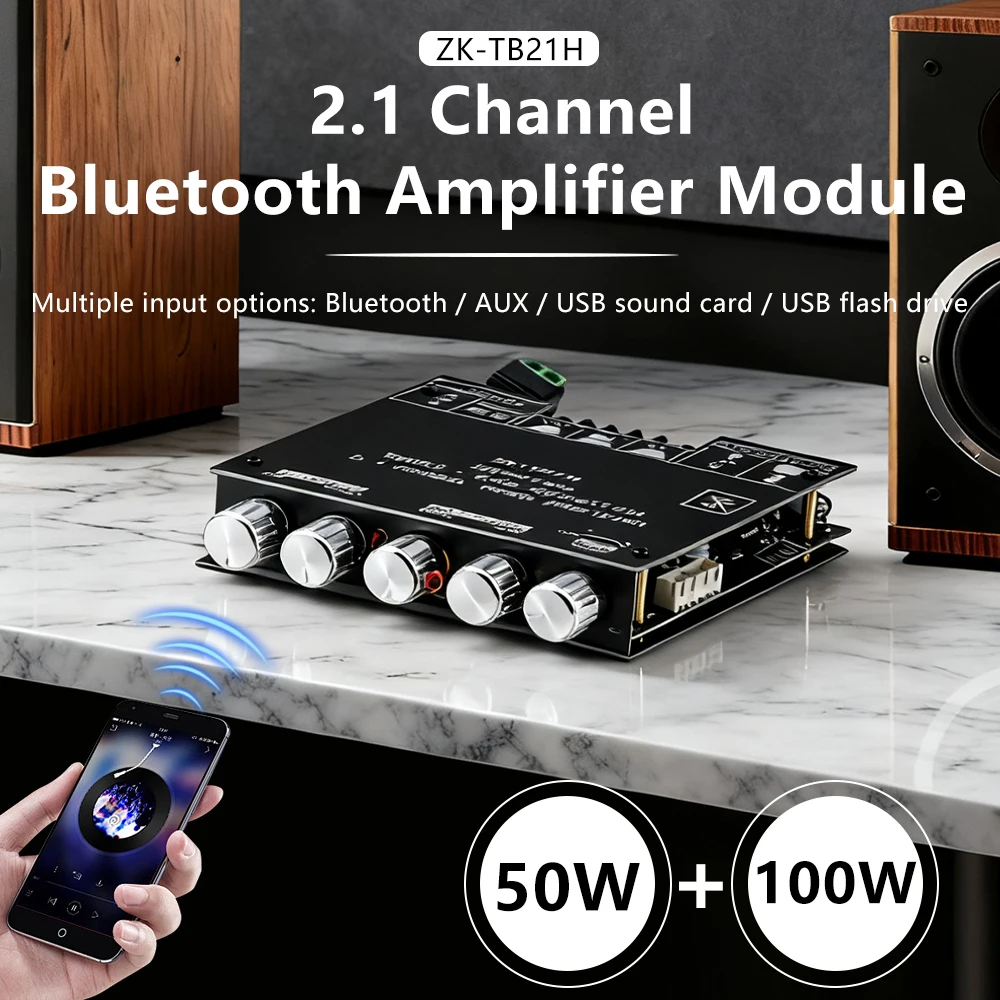 ZK-TB21H Bluetooth 5.1 Audio Amplifier Board 2.1 Channel 50W+100W Subwoofer Amp Module with AUX USB TF Input
