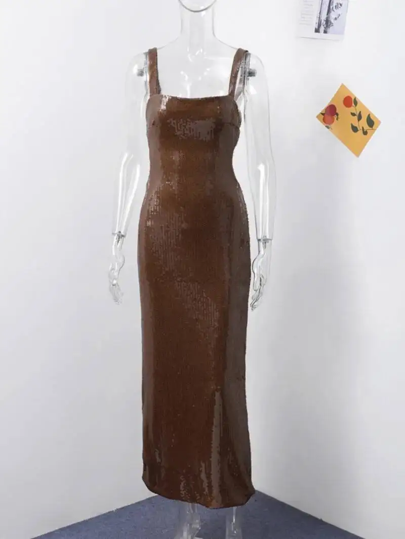 Seksowna sukienka maxi na ramiączkach z kwadratowym dekoltem, damska, dopasowana, bez rękawów, z odkrytymi plecami i wycięciami, sukienki na imprezę, Boże Narodzenie, model HRU2, 2025