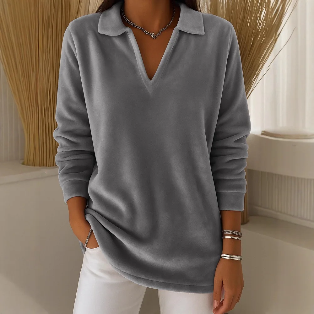 2026 New Knitwears Lapel Solid Color V-neck Autumn Winter Versatile Pullover Womens Fashion Retro Long-sleeved Fleece Sweatshirt