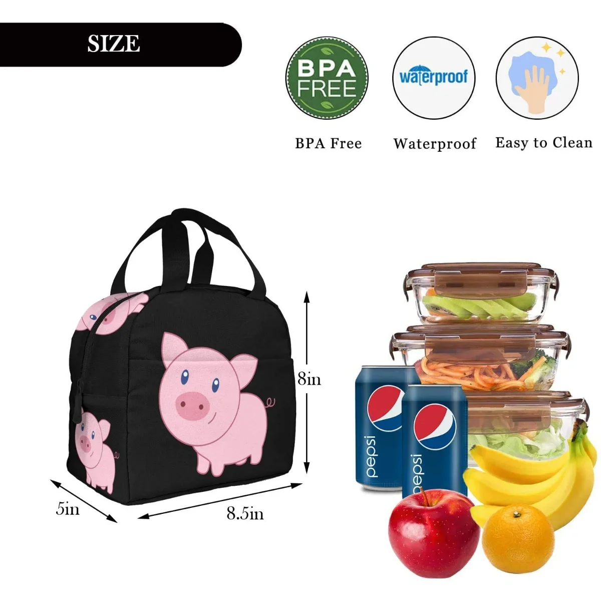 Leuke Cartoon Varken Lunch Tassen Voor Vrouwen Mannen Geïsoleerde Lunch Box Bento Draagtas Met Voorzak Voor Kantoor School Picknick