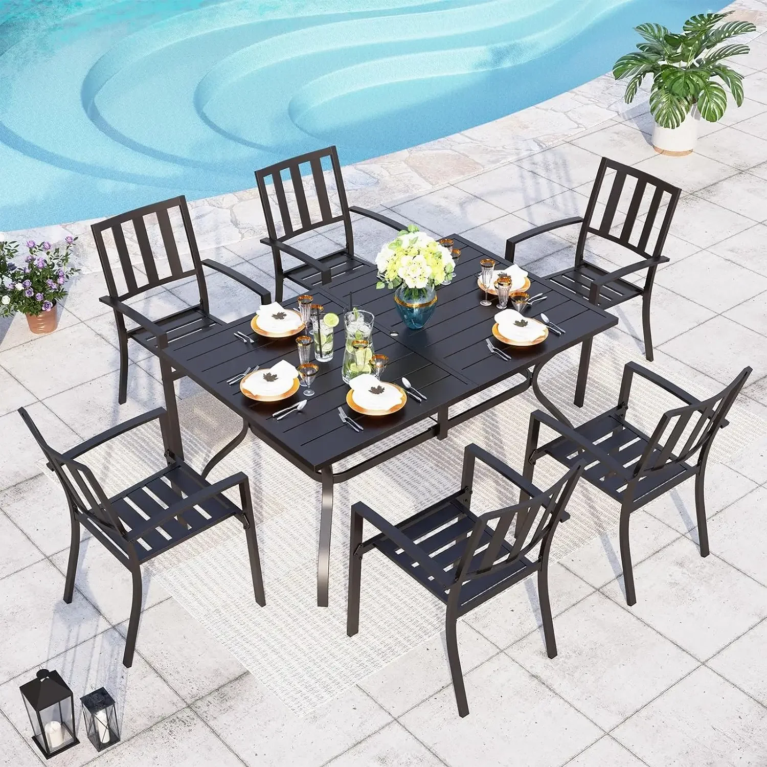 7 Piece Metal Outdoor Patio Bistro Sets with Umbrella Hole - 60