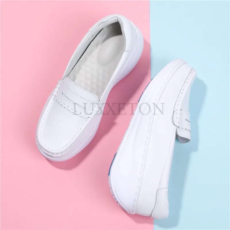 White Genuine Leather Loafers Women Nurse Shoes Round Toe Slip on Thick Flats Breathable Soft Cowhide Thick Bottom Flats