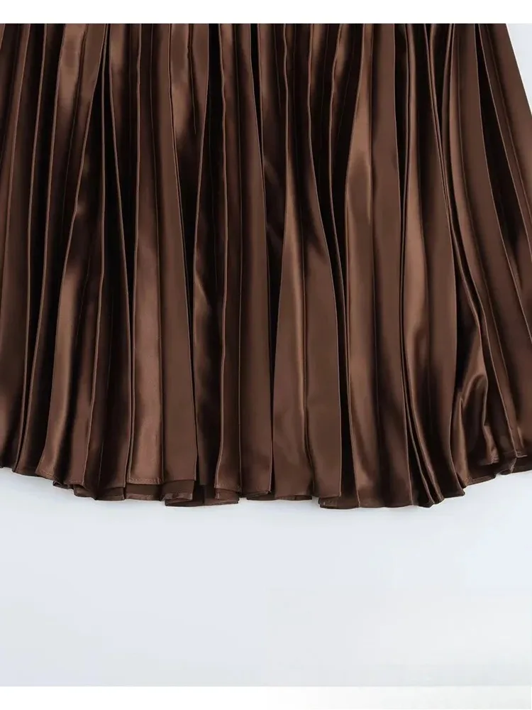 KONDALA ヴィンテージカジュアルプリーツロングスカート女性ハイウエストプリーツロングサテンスカートファッション 2025 春夏エレガントスカート