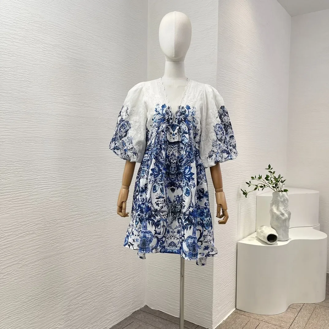 

White Blue Floral Print Half Sleeve Embroidery Diamonds Pressed V-Neck 2024 High Quality Pure Linen Women Mini Dress