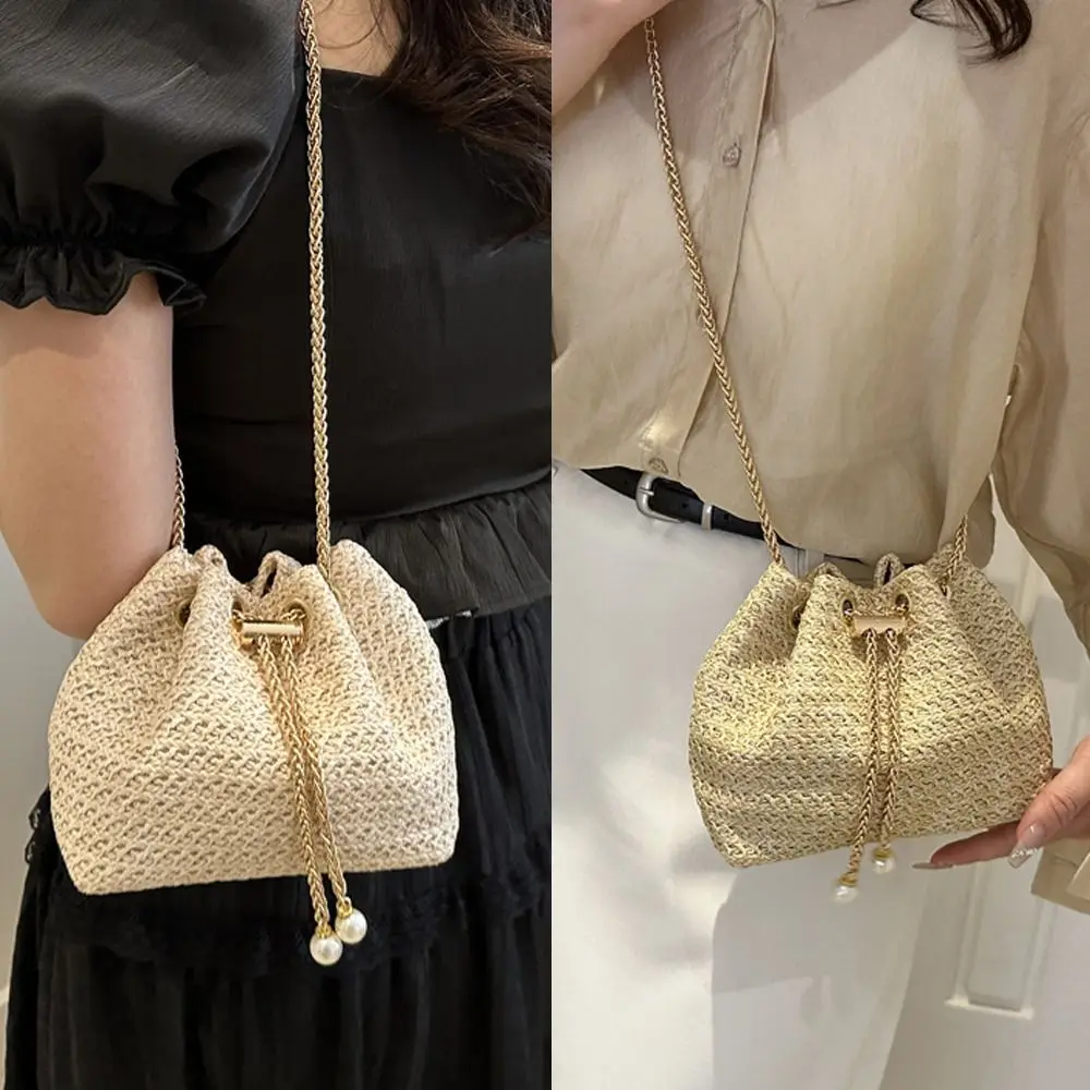 Bolso de mano de paja tejido con cordón para mujer y niña, bolsa de hombro cómoda de gran capacidad, elegante y a la moda