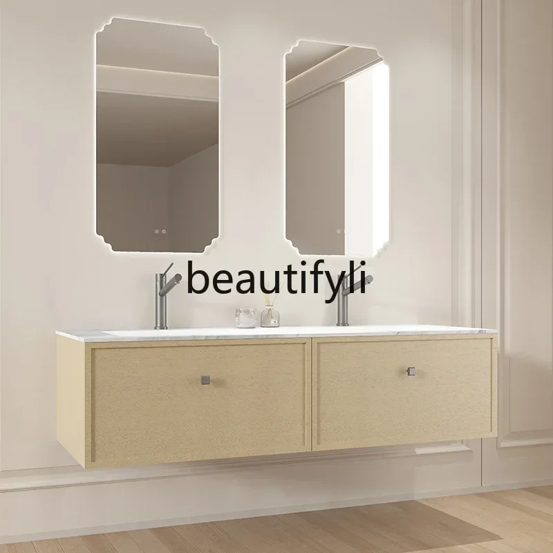 

Medieval retro bathroom cabinet, sink combination cabinet, rock slab countertop, seamless basin storage