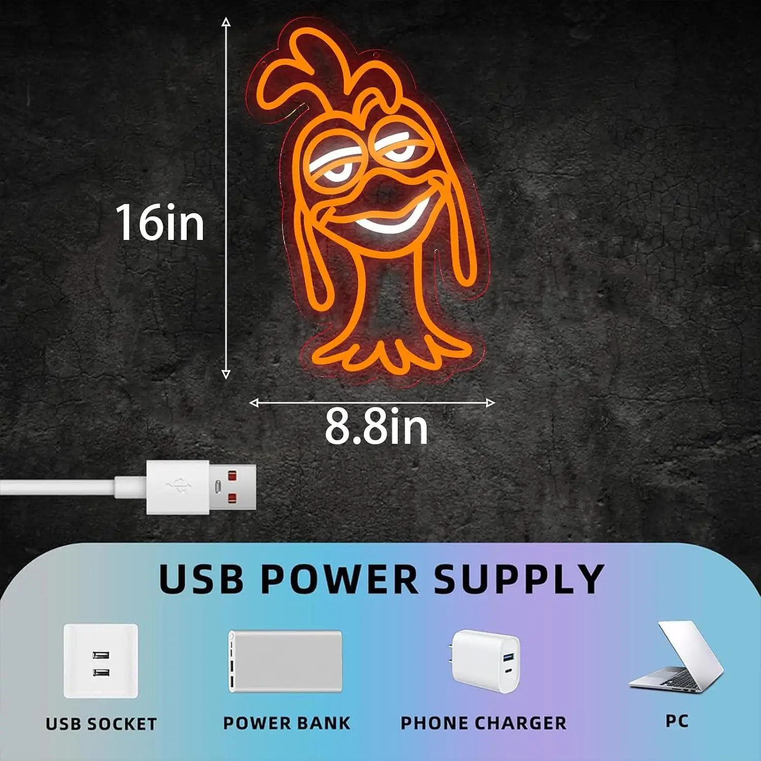 Cartoon Fire Chicken Neon Sign USB Dimmable LED Wall Light For Fried Chicken Shop Fast Food Restaurant Bar Party Wall Decoration view 4