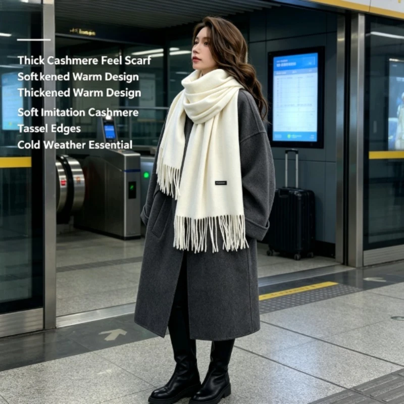 New Solid Color Thick Imitation Cashmere Scarf Warm Embroidered Korean Style Women Advanced Feeling Tassel Scarf Autumn Winter