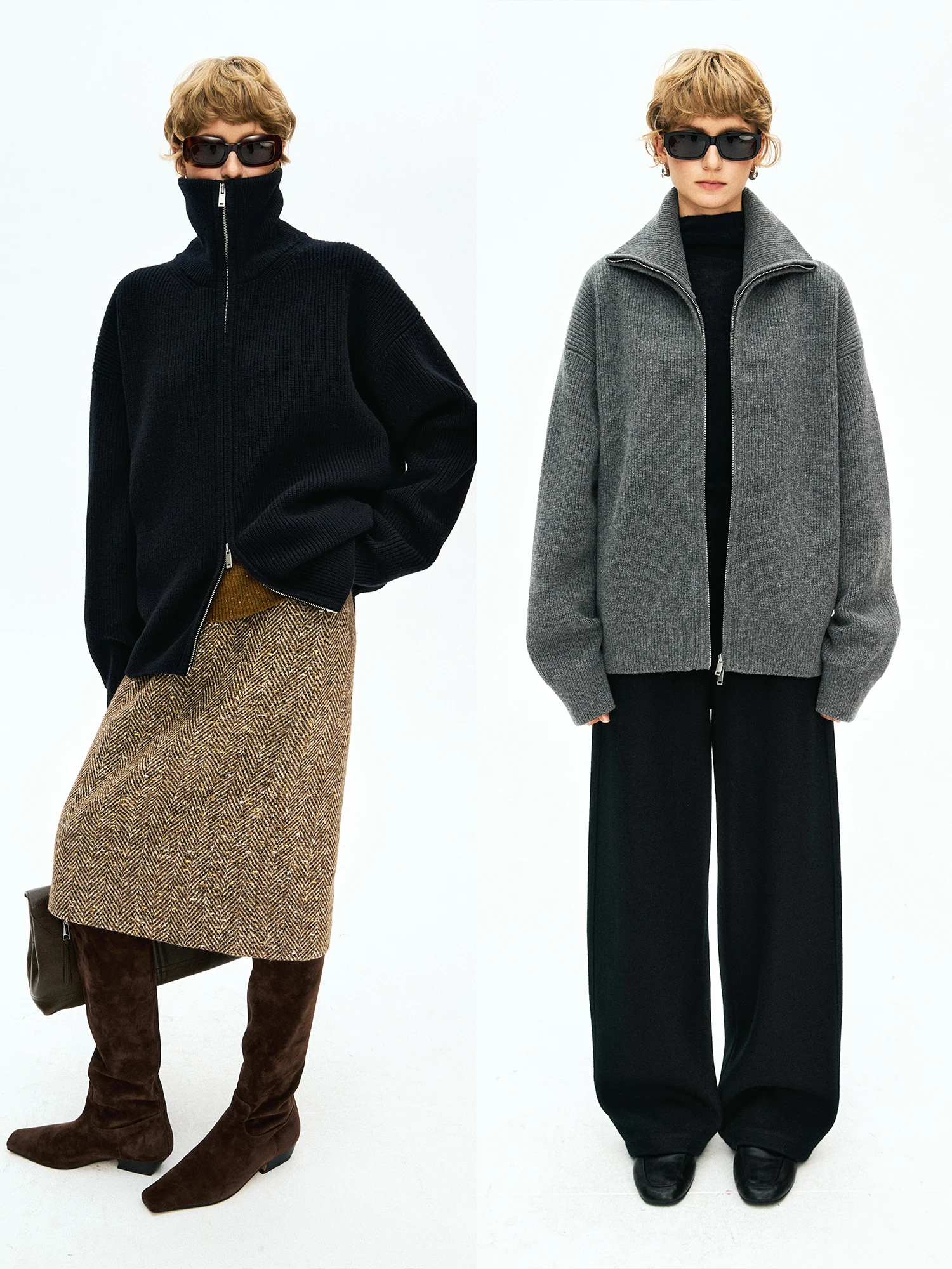 

MRS Studios Модный кардиган из 100% шерсти с воротником на молнии, вязаный свитер с длинными рукавами, зимняя коллекция