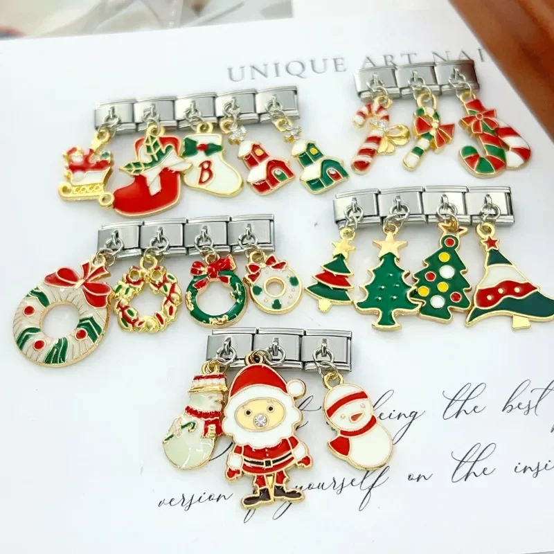 2024 Fashion Christmas Tree Gift Italian Charm Links Fit 9mm Elastic Modular Bracelet Stainless Steel Jewelry Making  Bulk