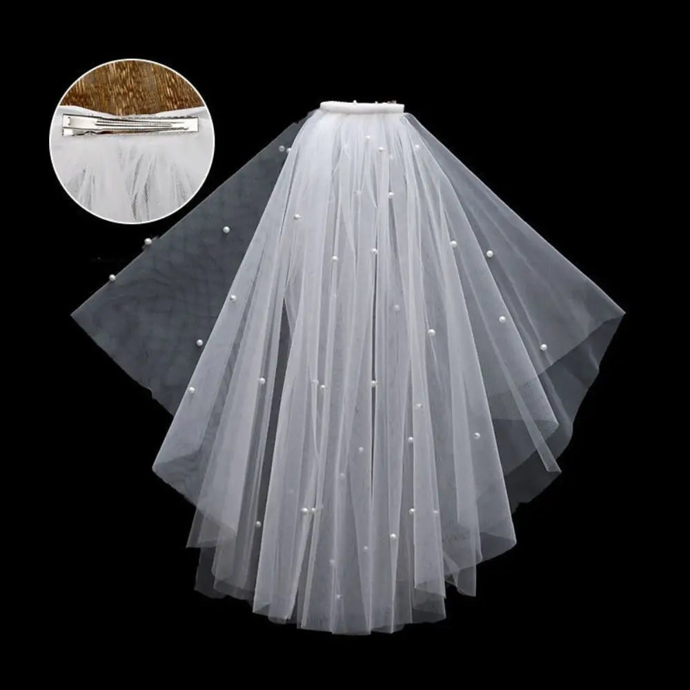 

Simple Flower Bridal Veil Bow Pearl Bride Head Gauze Double Layer Bridal Headdress Wedding Gauze Girl