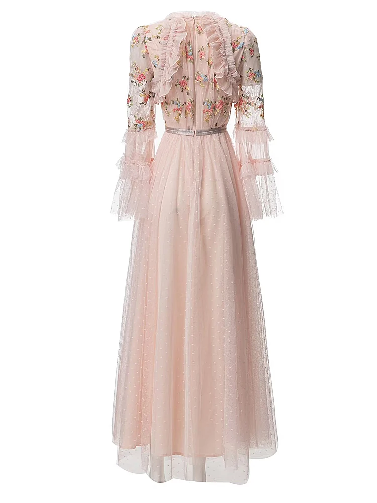 Luxury Ladies New Autumn High Quality Fashion Party Pink Mesh Embroidered Elegant Casual Unique Gorgeous Sweet Chic Long Dress