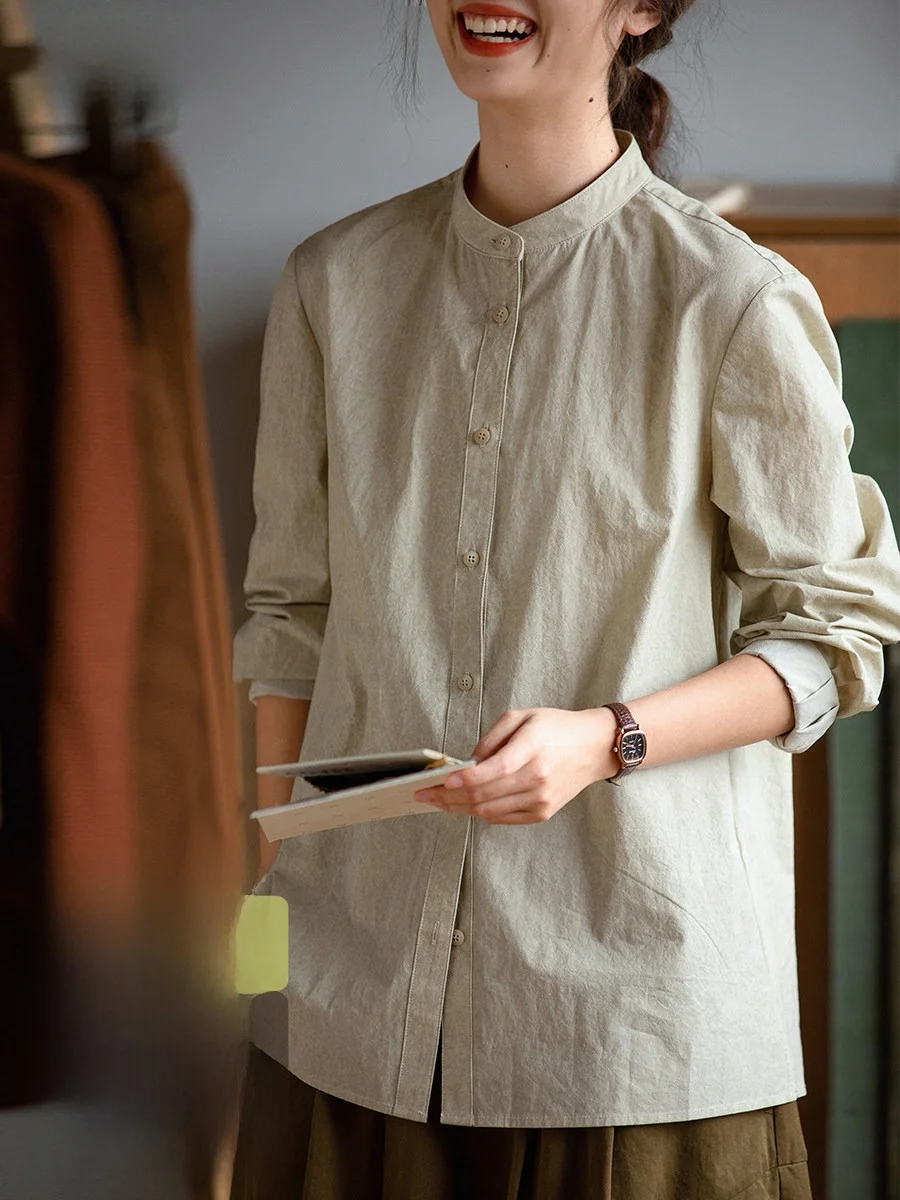 

Original Commute Versatile Loose Long Sleeve Pure Cotton Stand Collar Shirt Women's New Autumn Khaki Color Business Casual Shirt