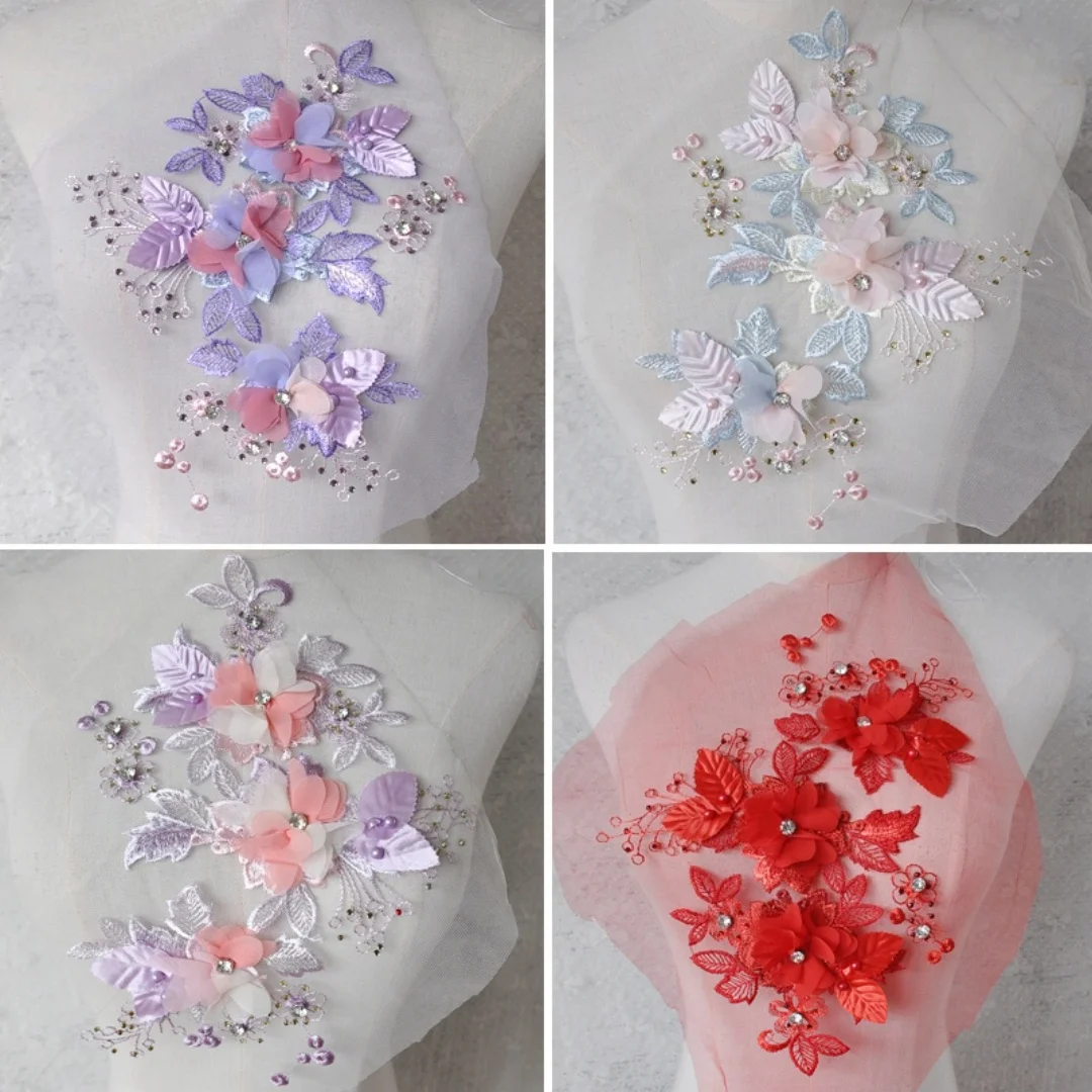 Aplikasi manik-manik daun 3D 4 warna, tambalan kain bersulam, Tambalan Jahit Untuk Perlengkapan Gaun, Untuk Gaun