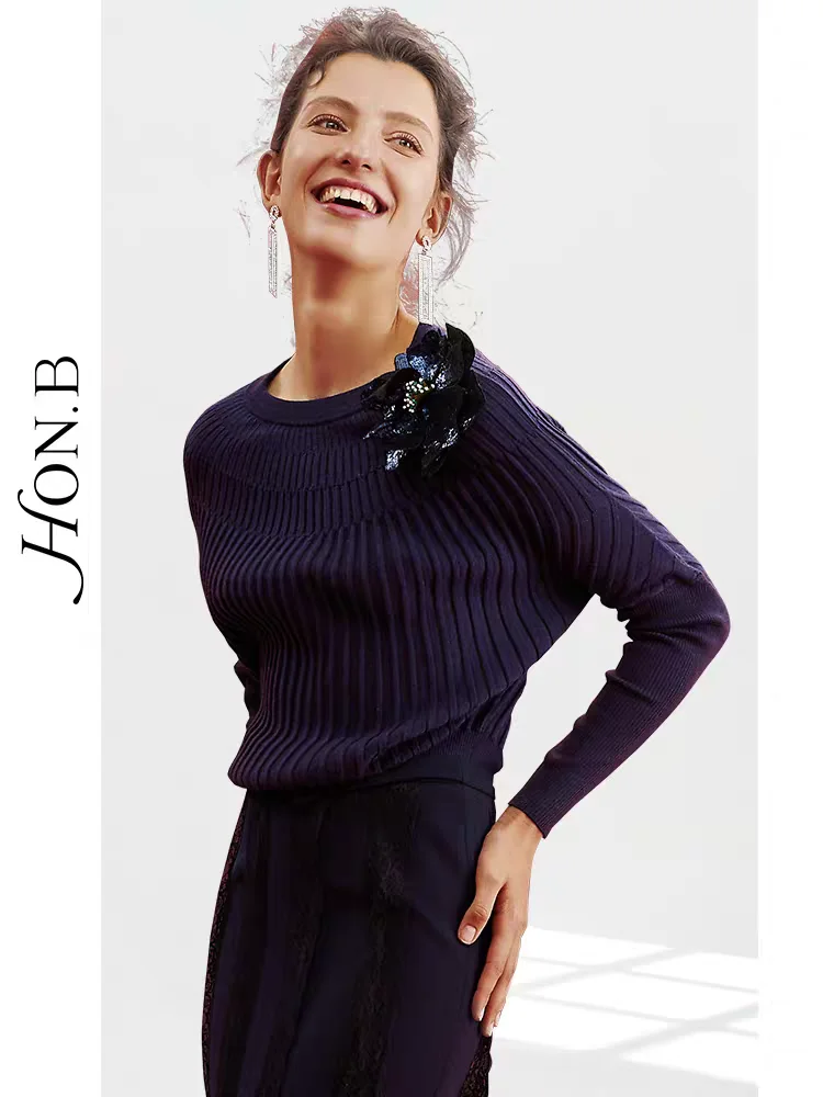 Серия Red Bead Зимний вязаный шерстяной свитер с тяжелой вышивкой Pearl Long Sve Свободный крой на пуговицах Кружевная панель Смесь ледяного шелка