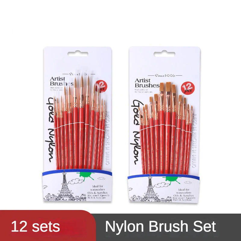 

12 pcs round-headed nylon hair brushes flat-head set red solid wood short rodwatercolor gouache acrylic art supplies