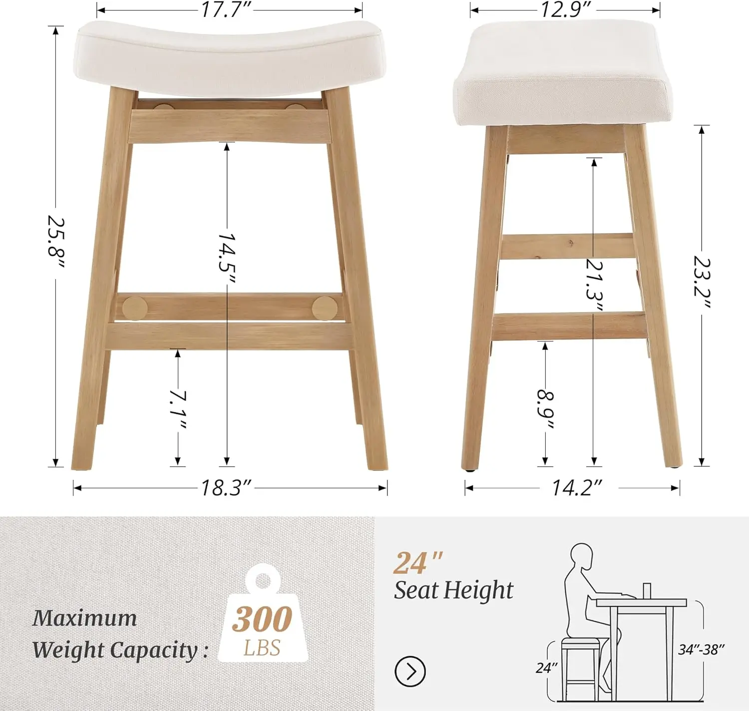 Bar Stools Set Of 4, Barstools With Sturdy Wood Legs, Saddle Seat Counter Height Bar Stools For Kitchen Counter, Bar, Dining,