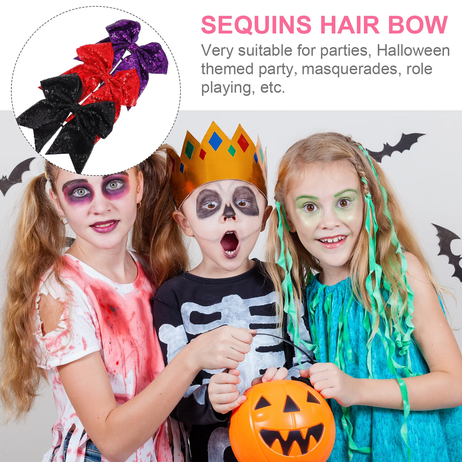 3pcs Sequins Hair Bow Glitter Ponytail Holder Large Ribbon Accessories Halloween Costumes Hair Tools Styling