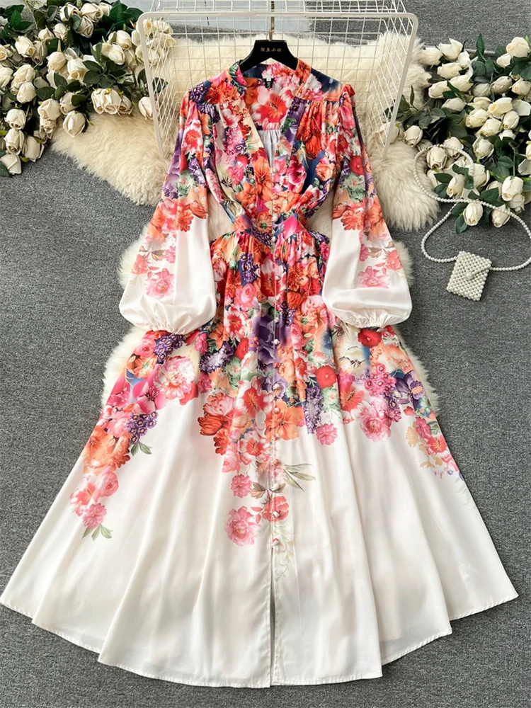 Holiday Spring Dress Woman Long Sleeve Fashion Vintage Floral Print Maxi Dress V Neck Elegant Party Long Dresses Women Clothing