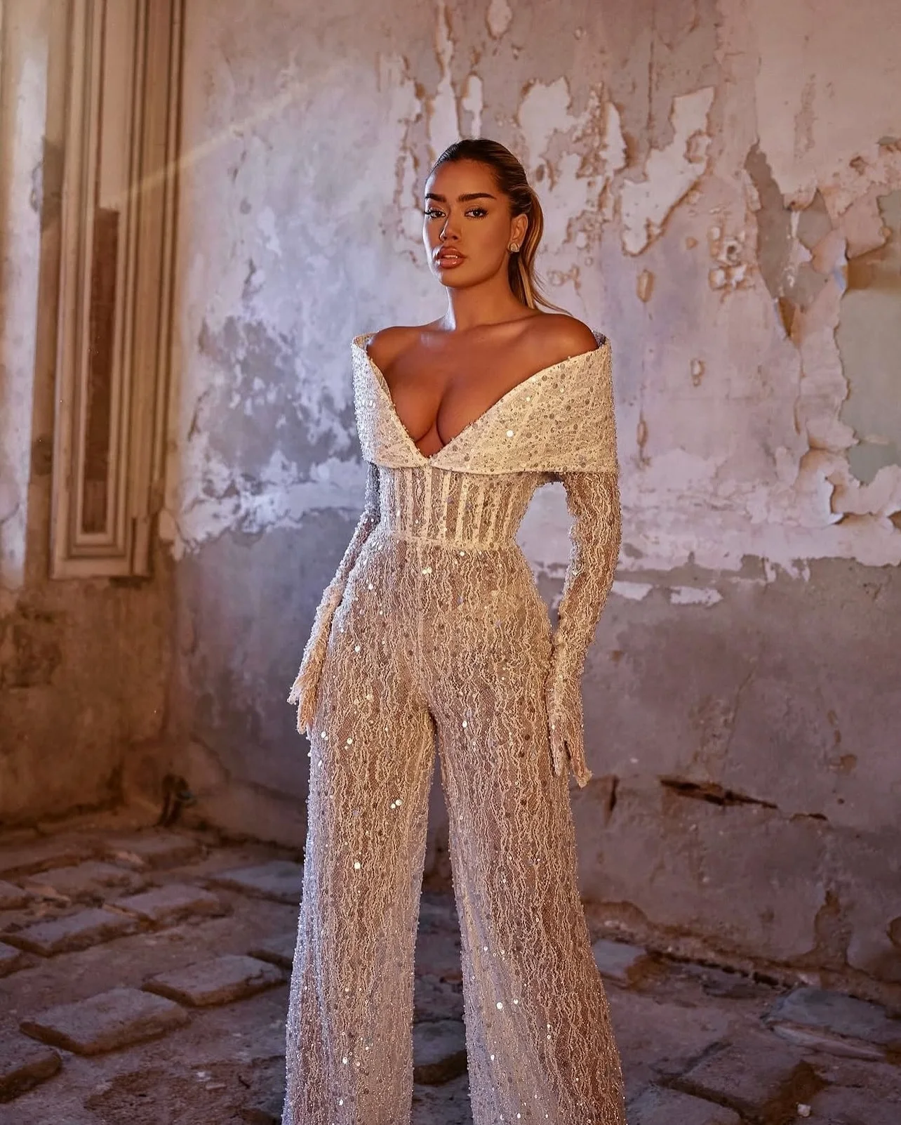 Stunning Beaded Lace Jumpsuit Women Formal Gown Off the Shoulder Wide Leg Women Jumpsuits Prom Dresses Custom vestidos de fiesta