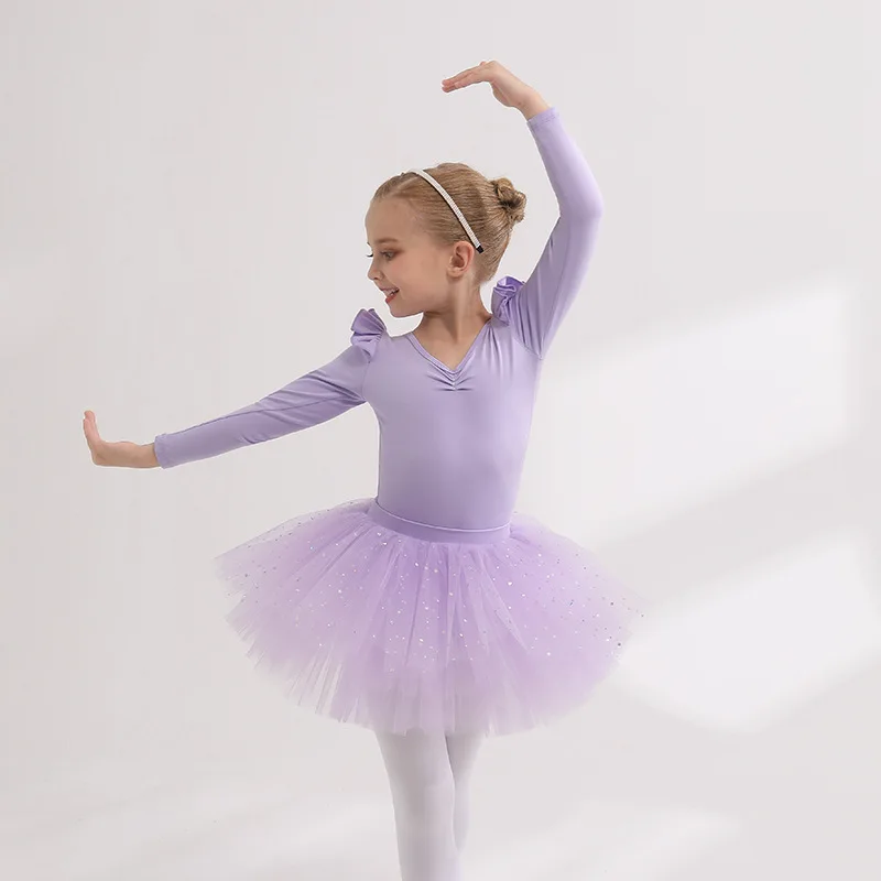 Mädchen-Ballett-Tanzkostüm mit langen/ärmellosen Ärmeln, Kinder-Trikot mit Kreuz am Rücken, Mädchen-Gymnastik-Tanzbekleidung, Trikot für Ballett