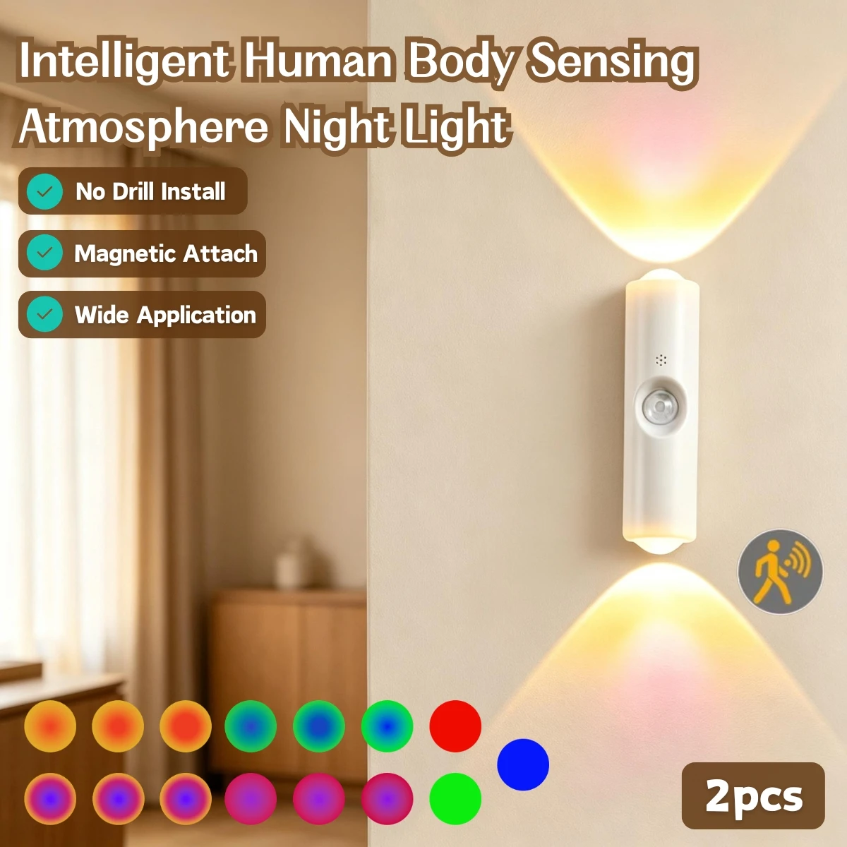 2pcs Dual‑Head Cat‑Eye Wall Lamp, RGB Multi‑Color Adjustment, Built‑in Sensor, USB Charging, Magnetic Mounting