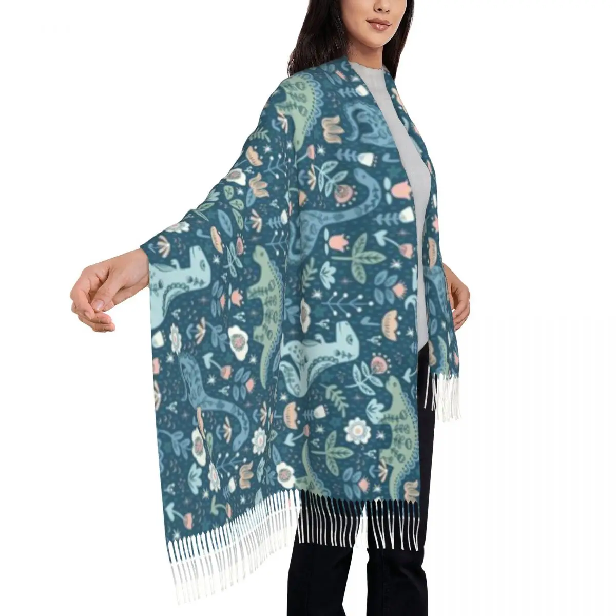 Folk Dinosaurs In Blue Shawl A Tassel Scarf