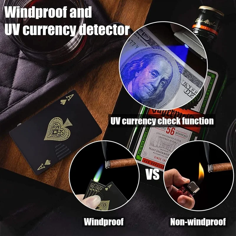 Metal Poker Card Shaped Lighter with Cash Detector Light Windproof Decompression Portable Turbine Torch Lighter for Men's Gift view 4