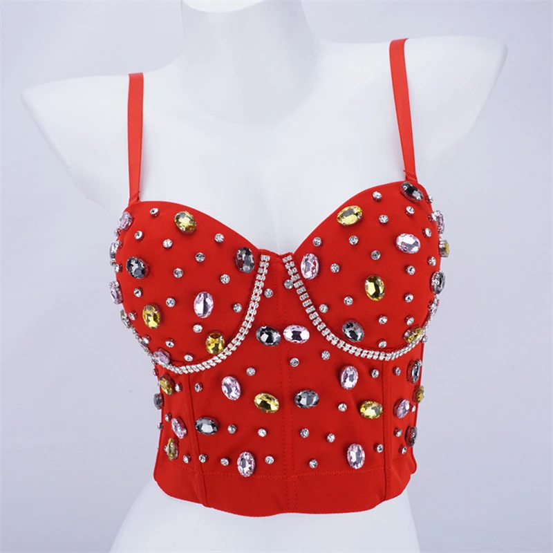 

Colored Glass Fishbone Bustier Steel Ring Shaping Nightclub Robes Stage Hot Girl Stretchy Tops Breasts Tank Tops Female