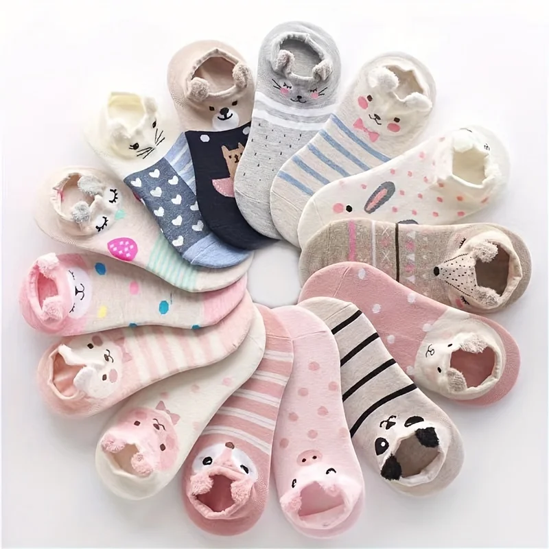 5 Pairs of Random Cartoon 3D Ear Anime Women's Short Socks for Summer Comfort Softness and Multifunctional Lnvisible Boat Socks