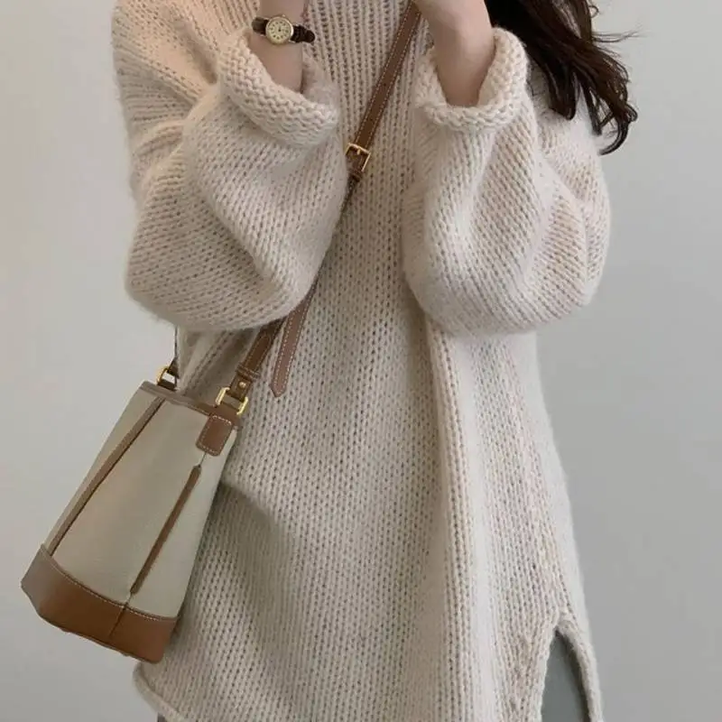 

Свитеры-пуловеры до колен в стиле Y2K, женские, с декоративными элементами, с высоким воротом, туниками, спортивные, для мам, полувысокие, удобные, с открытым плетением, OL