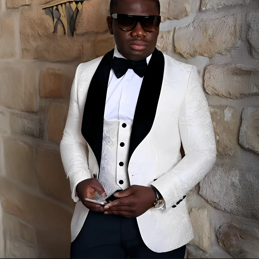 Men's Wedding Tuxedo White Jacquard Jacket Velvet Collar Blazer Pants Vest Three-piece Suit Formal Groom Suit