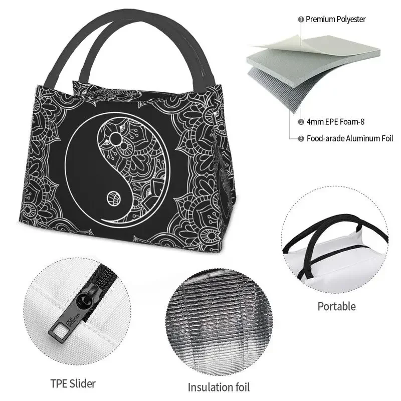 Tai Chi Yin Yang In Black And White Insulated Lunch Bags for Outdoor Picnic Meditation Resuable Cooler Thermal Lunch Box Women