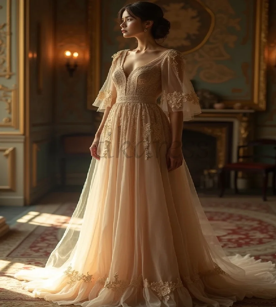 

Enchanting Champagne Wedding Dress Bohemian V Neck Lace Celtic Country Bridal Dress 2025 Tulle Elopement Boho Bride Customized