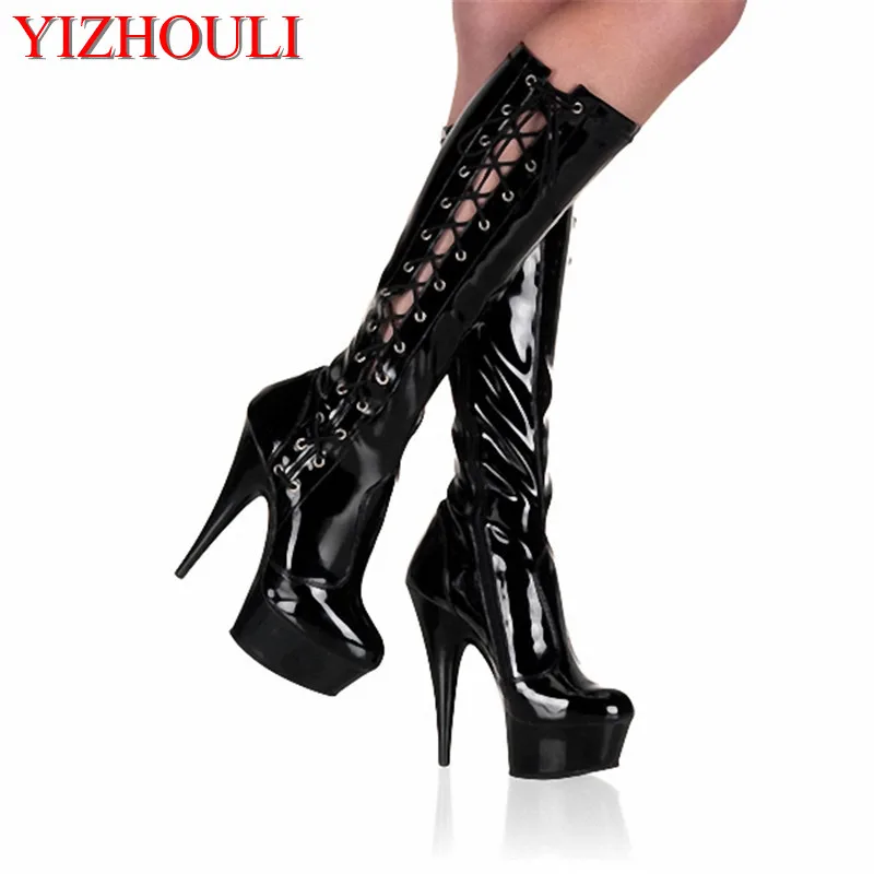 

Side lacing boots, 15cm stiletto heels, thick waterproof pole dancing practice, model nightclub dance shoes