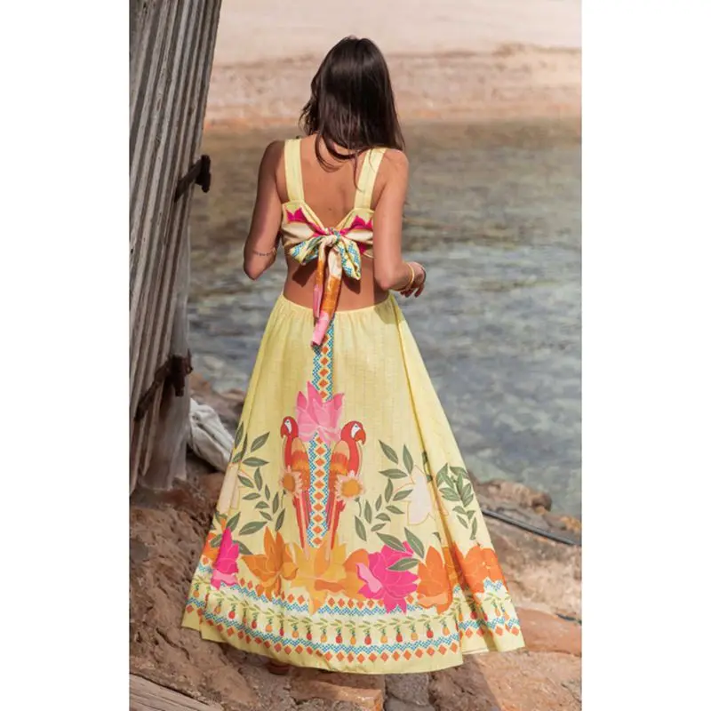 Combhasaki Vrouwen Boho Mouwloze Vierkante Hals Backless Grote Strik Gebonden Uitgeholde Bloemenprint Zomer Uitsparing A-lijn Tank Lange Jurk