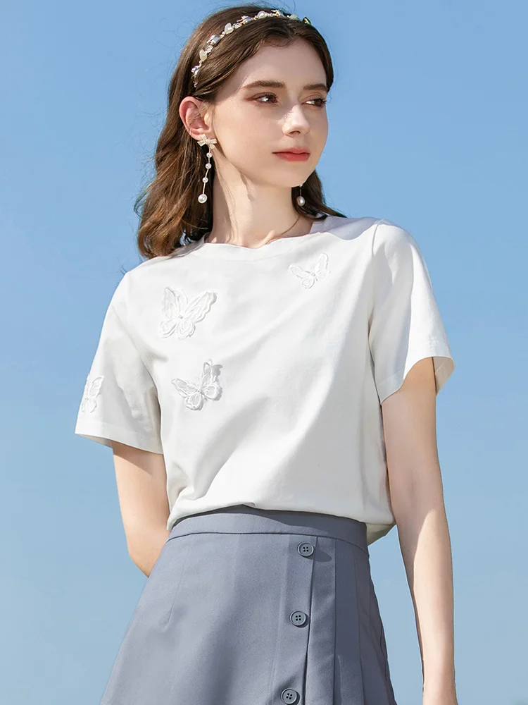 I BELIEVE YOU Women T-shirts Ice Porcelain Cotton Pearl Butterfly Short Sleeve 2024 Summer New Top Chic Casual Blouse 2222014367