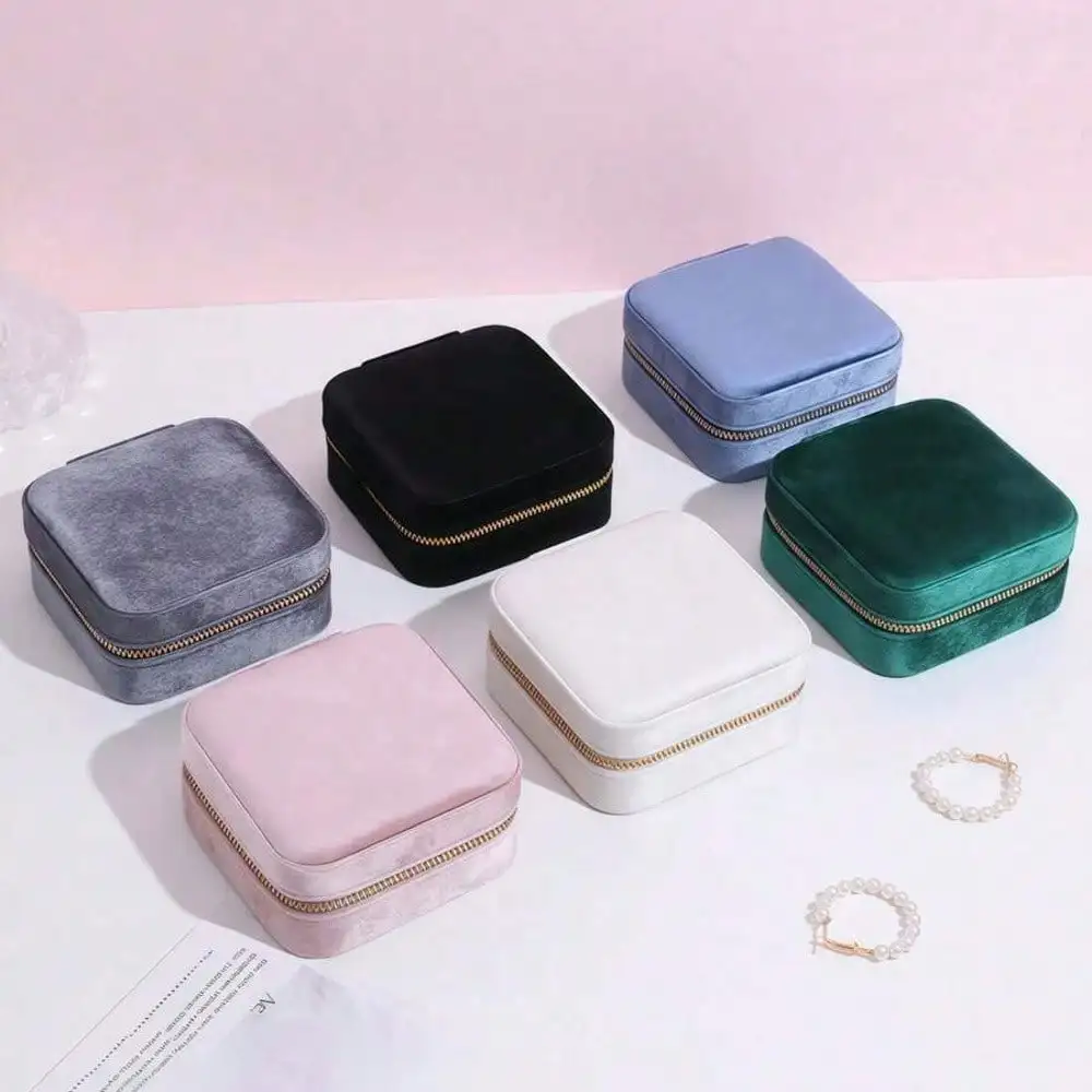 

1pc Velvet Jewelry Box, Square Zipper Jewelry Storage Box, Portable Travel Jewelry Case, Elegant Jewelry Organize