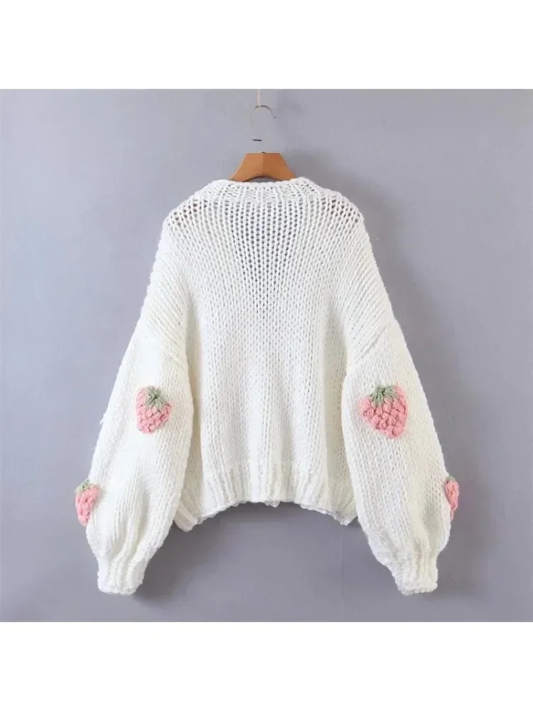 Strawberry Knitted Cardigan Sweater Fashionable Versatile Sweet High Stree Casual Women\'s V-neck Loose Lantern Sleeve Jacket