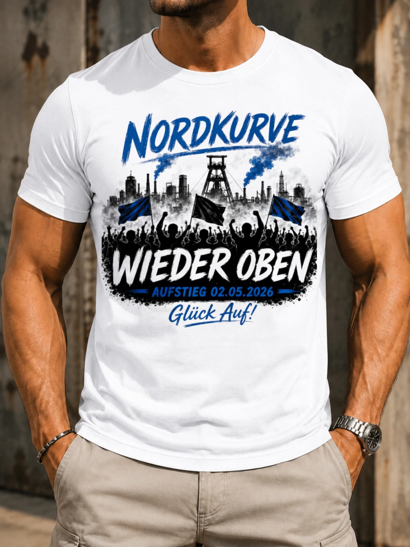 Nordkurve Wieder Oben dramatic industrial skyline blue smoke cheering crowd  Fl-ags and bold brush  Unisex All T-Shirt