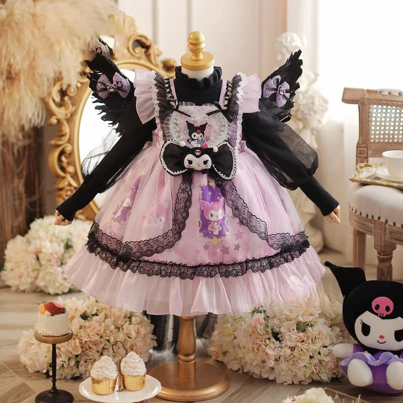 Sanrio Variety Kuromi Dress Kawaii Anime Lolita Cosplay Dress Up Fake Two-piece Suit Winter Girls Princess Children Dress Skirt