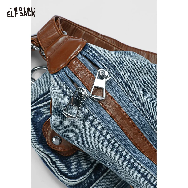 ELFSACK 2025 Summer New Arrival Vintage Washed Denim Tote Bag Fashion Large Capacity Shoulder Bag for woman