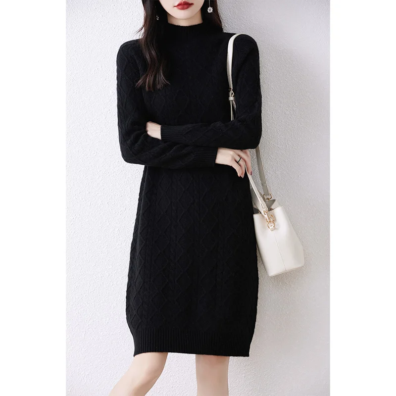 100% Wool Dress For Women 2023 Autunm/Winter Cashmere Thick Sweaters Hot Sale Long Style 5Colors Jumpers DR01