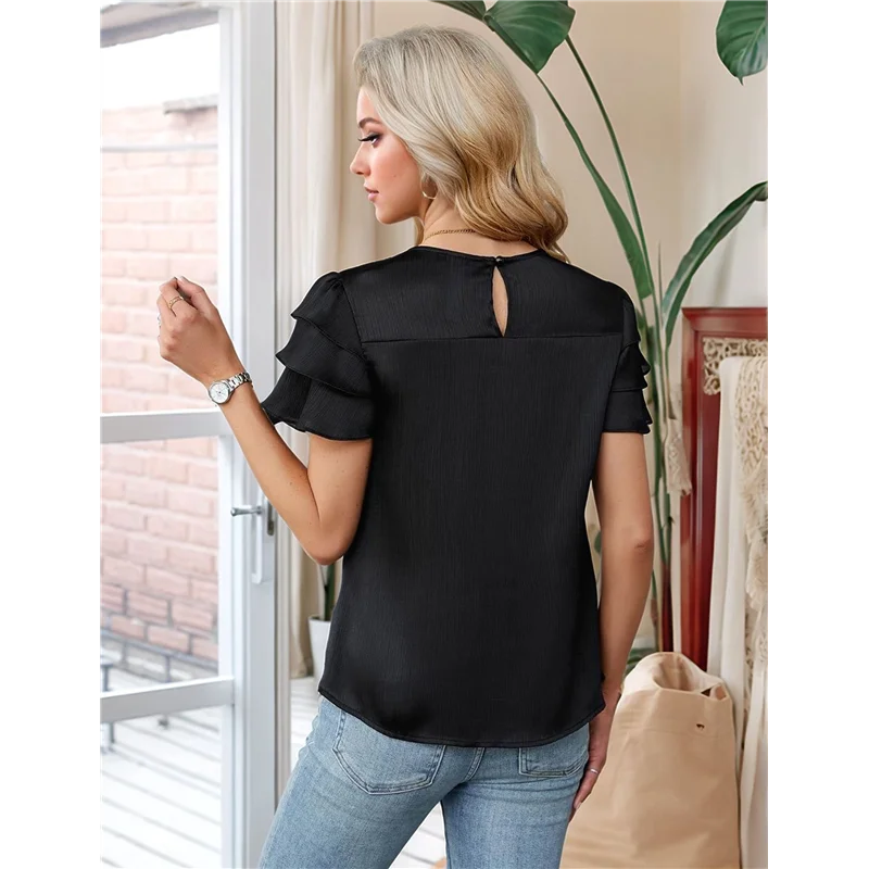 CYL-Damskie satynowe eleganckie bluzki codzienne z falbankami na rękawach, teksturowane topy, marszczone letnie koszule