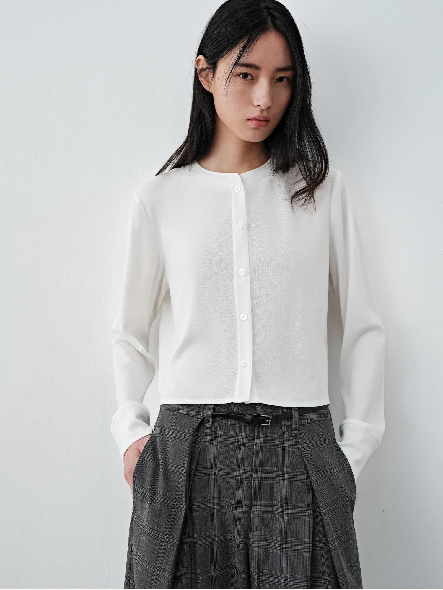 

HaveRice Restaurant Early Spring New Style Short Open Cardigan Top Versatile Rell Cotton Stand Collar Long Sleeve Ladies T-shirt
