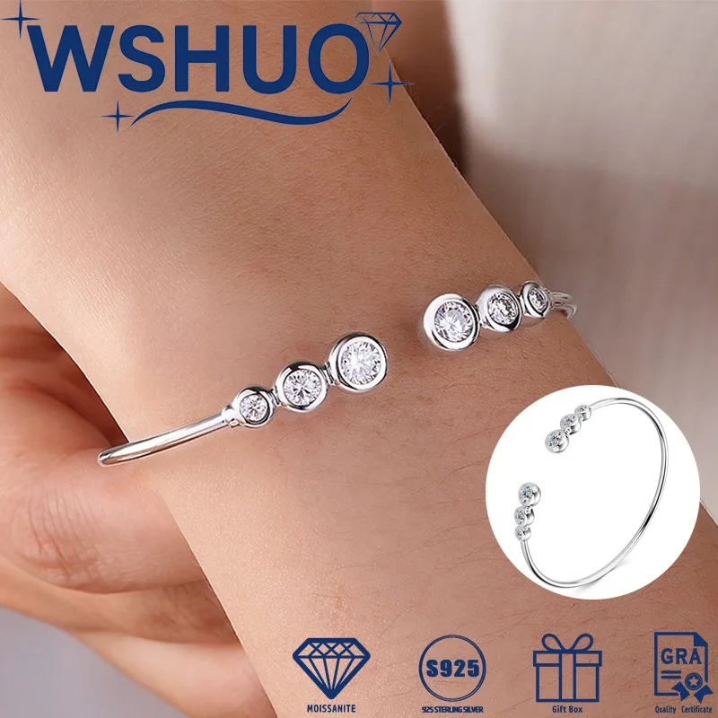 

WSHUO 1.8Cttw D Color Moissanite Opening Bracelet S925 Pure Silve Bubble Diamond Sparkling Bracelet for Women Fine Jewelry Gifts